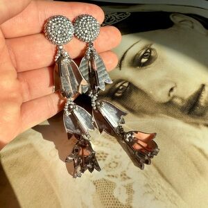 Oscar de la Renta Silver Floral Chandelier Earrings Runway Statement Elegance